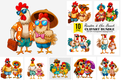 10 Rooster and Hen Beach Clipart, Funny Vacation PNG