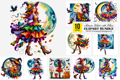 Colorful Autumn Witch PNG Clipart with Moon, Raven, and Leaves