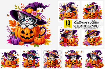 10 Cute Halloween Kitten in Pumpkin PNG Clipart