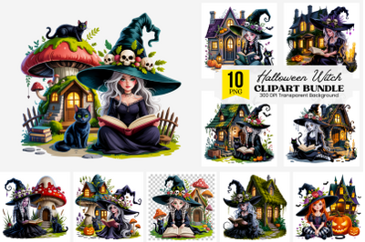 10  Halloween Witch PNG Clipart, Girl in Hat with Cat