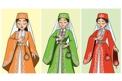 Three women are dressed in traditional clothing