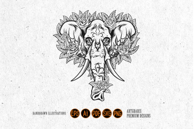 Ornamental Skull of Elephant with Flowers Outline Monochrome