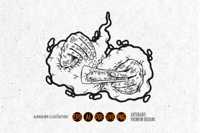 Outline of Hands Rolling Marijuana with Smoke Monochrome