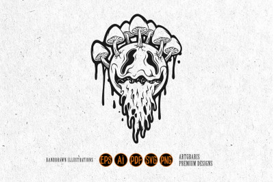 Outline of Psychedelic Face with Mushrooms and Dripping Effects Monoch