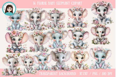 Floral Baby Elephant Clipart Bundle