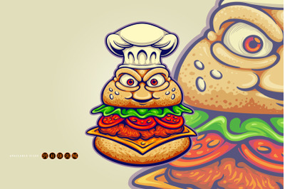 Furious Burger Mascot Wearing Chef Hat Cartoon Style