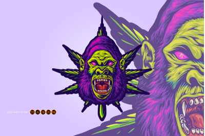 Psychedelic Gorilla Face with Colorful Marijuana Leaves Illustrations