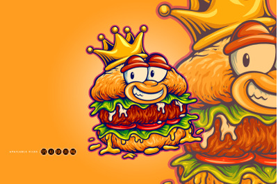 Happy Burger Mascot Wearing Royal Crown Cartoon Style