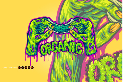Undead Hands Preparing Weed Joint with Grunge Organic Typography