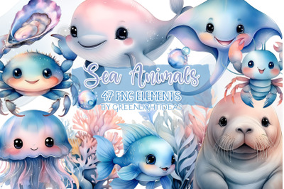 Cute Sea Animals Clipart, Ocean Creatures Graphics, Watercolor Sealife