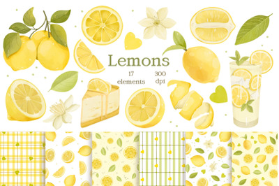 Lemons Watercolor Clipart, Seamless Pattern