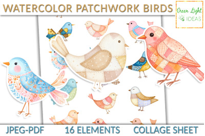 Junk Journal Watercolor Patchwork Birds, Whimsical Birds Collage Sheet