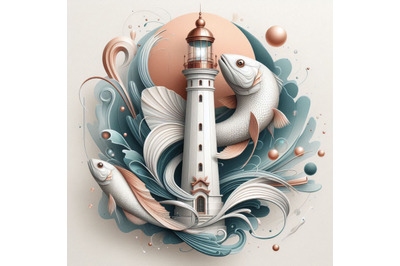 Surreal illustration features a lighthouse surrounded by swirling wate