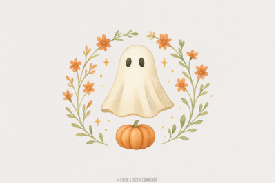 Cute Ghost Pumpkin PNG, Fall Halloween Ghost Clipart PNG, Floral Pumpk