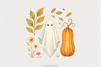 Whimsical Ghost PNG, Fall Pumpkin Watercolor PNG, Autumn Wildflower, C