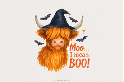 Moo... I Mean Boo! Highland Cow Halloween PNG, Witch Hat Animal Art, F