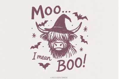 Moo... I Mean Boo! Funny Halloween Cow PNG for DTG, Cute Highland Cow