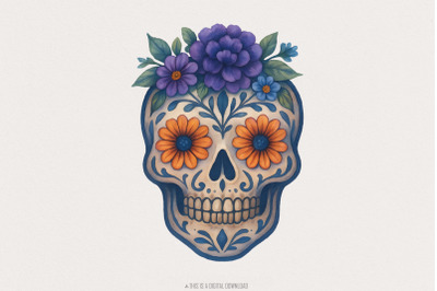 Floral Skull PNG, Sugar Skull PNG, Day of the Dead Art, Dia De Los Mue
