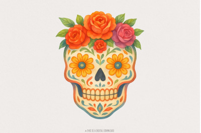 Sugar Skull Floral PNG, Day of the Dead PNG, Calavera Art, Cute Waterc