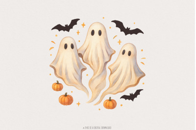 Cute Watercolor Ghosts PNG, Halloween PNG, Spooky Ghost Clipart, Pumpk