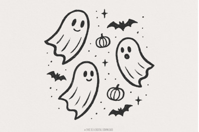 Cute Ghosts PNG, Halloween Ghost Clipart, Bat and Pumpkin PNG Art, Spo
