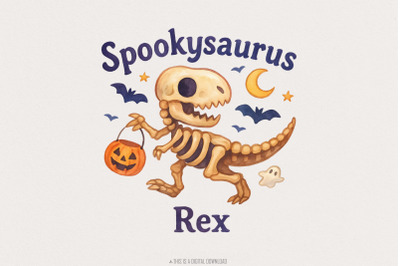 Spookysaurus Rex PNG Halloween Dinosaur PNG With Pumpkin Basket, Ghost