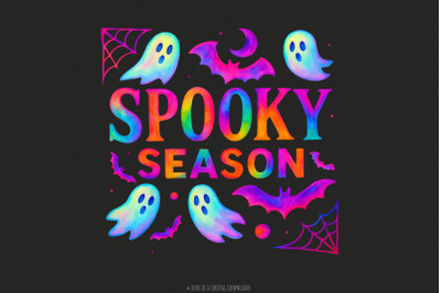 Spooky Season PNG, Neon Halloween Ghost, Bat &amp; Web PNG, Vibrant Cute S