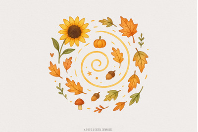 Autumn Leaves Pumpkin Sunflower PNG, Cute Fall Acorn Mushroom Clipart,