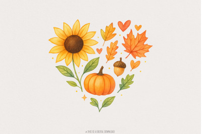 Cozy Autumn Watercolor Pumpkin Clipart PNG, Sunflower, Fall Leaves, Th