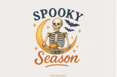 Spooky Season PNG&2C; Halloween Skeleton on Crescent Moon&2C; Pumpkin Bat St