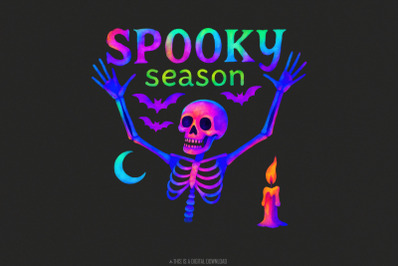 Spooky Season Skeleton PNG, Neon Halloween Bones, Bat Moon Candle Art,