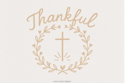 Thankful PNG, Laurel Wreath Cross Christian Sublimation, Thanksgiving