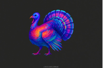 Colorful Neon Turkey PNG, Vibrant Rainbow Bird Art, Thanksgiving Digit