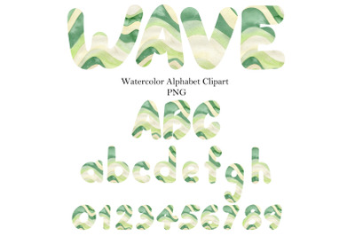 Watercolor green waves alphabet clipart.