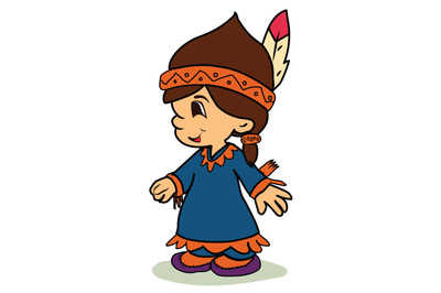 Cartoon character of a smiling child wearing a traditional outfit with