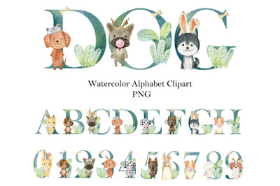 Alphabet with watercolor dogs.