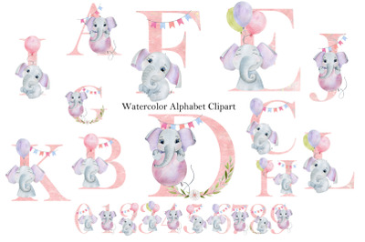Watercolor alphabet with elephants.