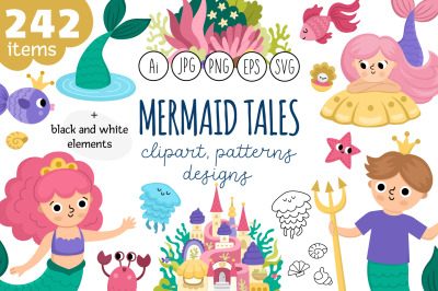 Mermaid tales. Clipart, designs, backgrounds and patterns collection