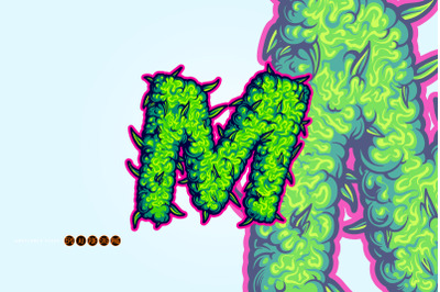Cannabis Themed M Letter in Green with Bold Pink Outline