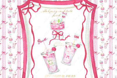 Mahjong Pink Cocktails Watercolor DIY clipart