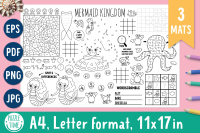 Mermaid coloring activity play mats. Sea princess placemats collection