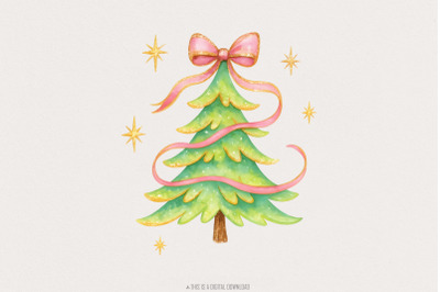 Watercolor Christmas Tree With Pink Ribbon, Christmas Tree PNG Clipart