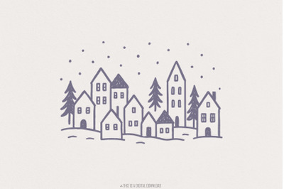 Minimalist Winter Village PNG, Hand Drawn Christmas Village PNG Art, C
