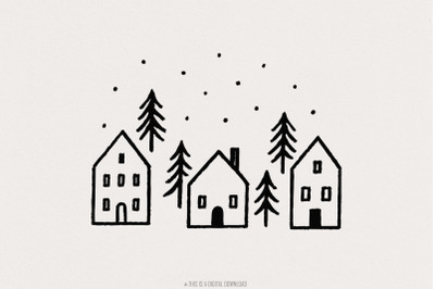 Minimalist Winter House PNG, Scandinavian Home Art, Cozy Cabin Trees P