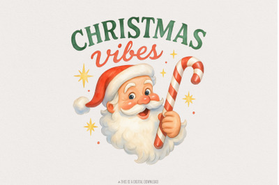 Christmas Vibes PNG, Vintage Santa Claus PNG, Watercolor Candy Cane Ho