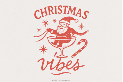 Christmas Vibes Santa Claus In Cocktail Glass PNG, Retro Christmas PNG