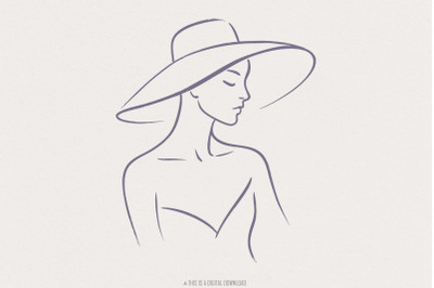 Elegant Woman With Hat Line Art PNG, Minimalist Fashion PNG Tee Design