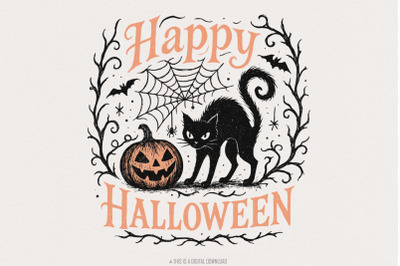 Happy Halloween PNG, Black Cat and Pumpkin Clipart PNG for T-Shirts, S