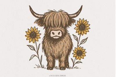 Highland Cow PNG Clipart, Cute Cow With Sunflowers PNG, Farmhouse Anim