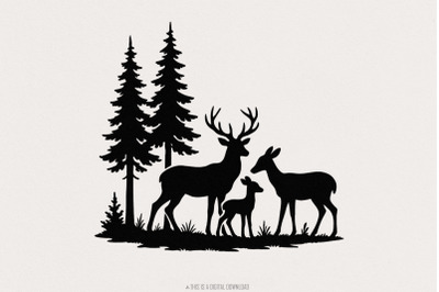 Deer Family Silhouette PNG, Woodland Forest Animals PNG, Nature Wildli